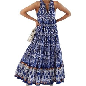 Anthropologie - Diaz Tiered Abstract Maxi Dress Blue White Boho Print Size SP